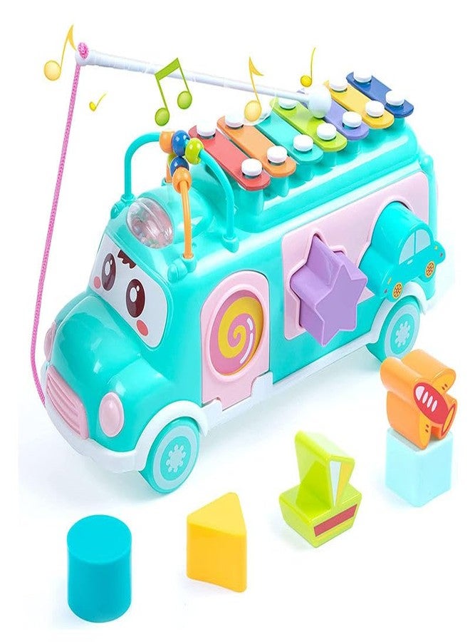 Cable World Baby School Bus Xylophone Toy for Toddlers 1-3, Baby Musical Bus Toys for 1 Year Old Girl, Shape Sorting Toys Knocking Xylophone Educational Musical Instruments Toy (Blue) - Image 1